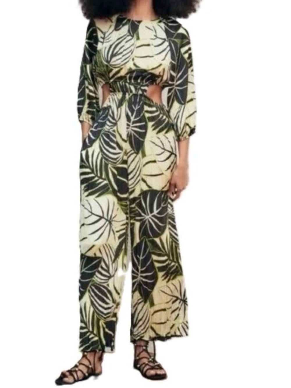 Zara Green Leaf-Print Cutout Wide-Leg Jumpsuit